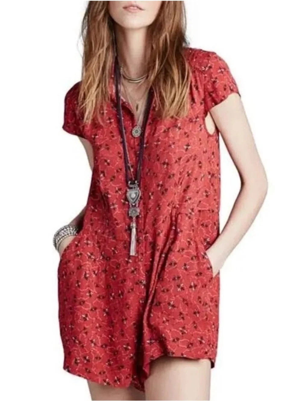 Free People | Women’s Red/Black Floral Short Sleeve Debby Dot Shorts Romper Sz S